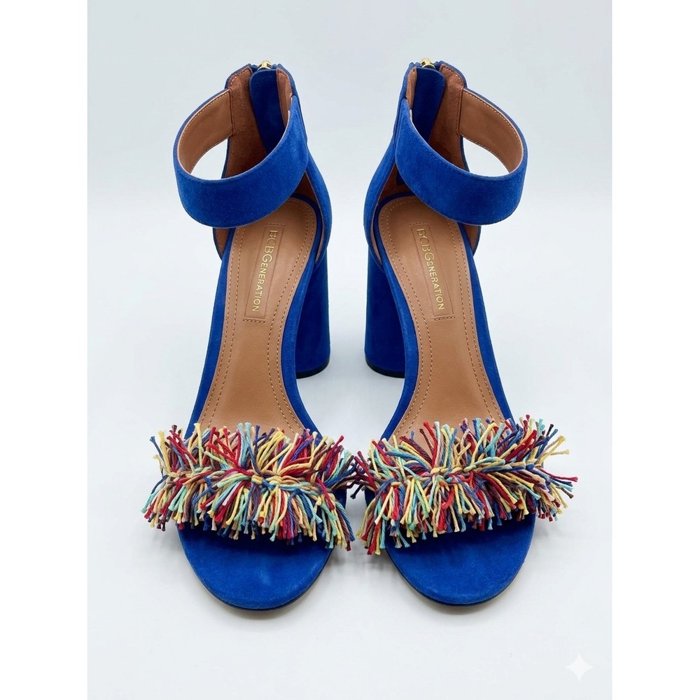 BCBGMAXAZRIA Blue Suede Block Heel Sandals Fringe Tassel Ankle Strap Size 40